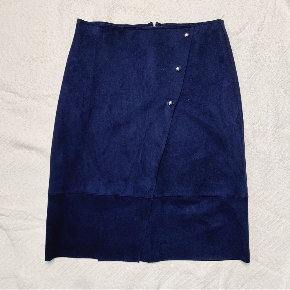 Navy blue faux suede pencil dress with slit